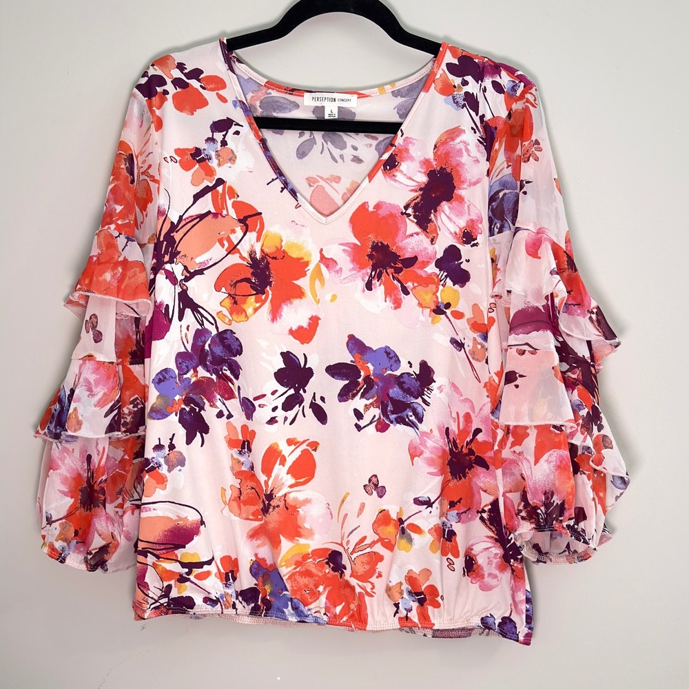 Perseption Concept Floral Ruffle Sleeve V-Neck Blouse Size Large TP-MS-1848